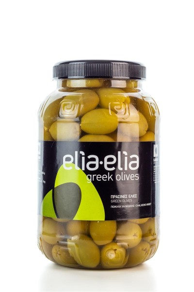 Elia-Elia grüne, mit Mandeln gefüllte griechische Chalkidiki Oliven Super Mammut im PET-Fass 1 KG