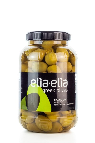 Elia-Elia griechische grüne, mit Zitrone gefüllte Chalkidiki Oliven Super Mammut im PET-Fass 1 KG