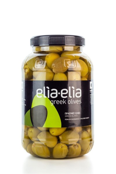 Elia-Elia grüne griechische Chalkidiki Oliven gefüllt mit Knoblauch Super Colossal im Pet-Fass 1 KG