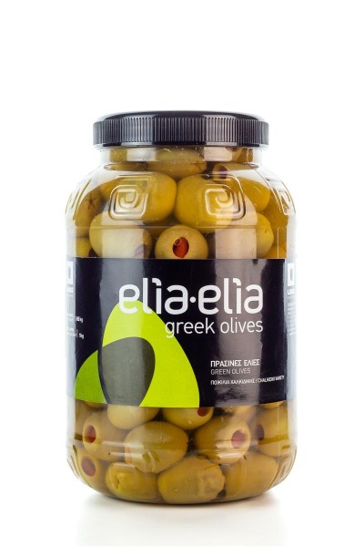 Elia-Elia grüne, griechische, mit roter Paprika-Paste gefüllte Chalkidiki Oliven Super Mammut im PET-Fass 1 KG