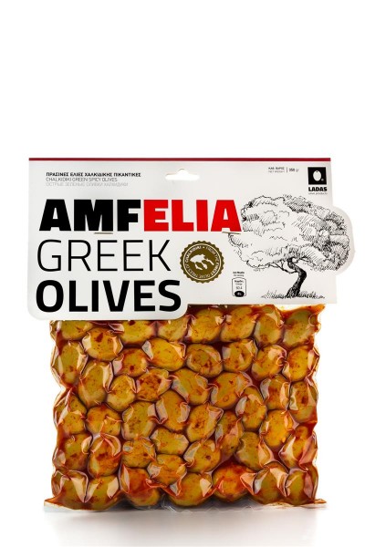 Amfelia grüne, scharfe griechische Chalkidiki Oliven vakuumiert (350 g)