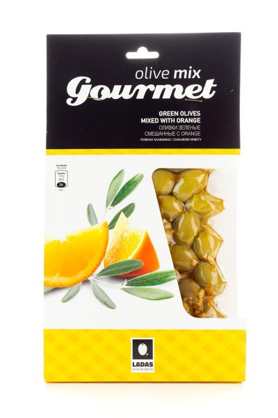 Oliven Mix Gourmet gr&uuml;ne, mit Orange marinierte griechische Chalkidiki Oliven vakuumiert (250 g)