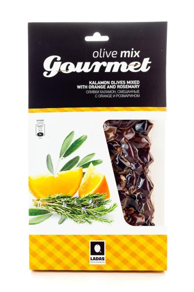 Oliven Mix Gourmet, mit Orange und Rosmarin marinierte, griechische Kalamata Oliven, vakuumiert (250 g)