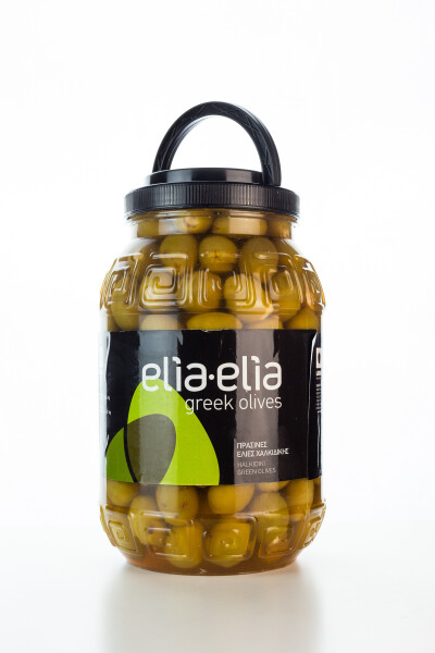 Elia-Elia Chalkidiki grüne Oliven Super Mammuth gefüllt mit Knoblauch im Kunststoff-Fass (Pet 2 KG)