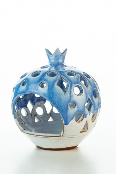 Hydria Original handgemachter Granatapfel Teelichthalter klein von Kreta - blau wei&szlig;